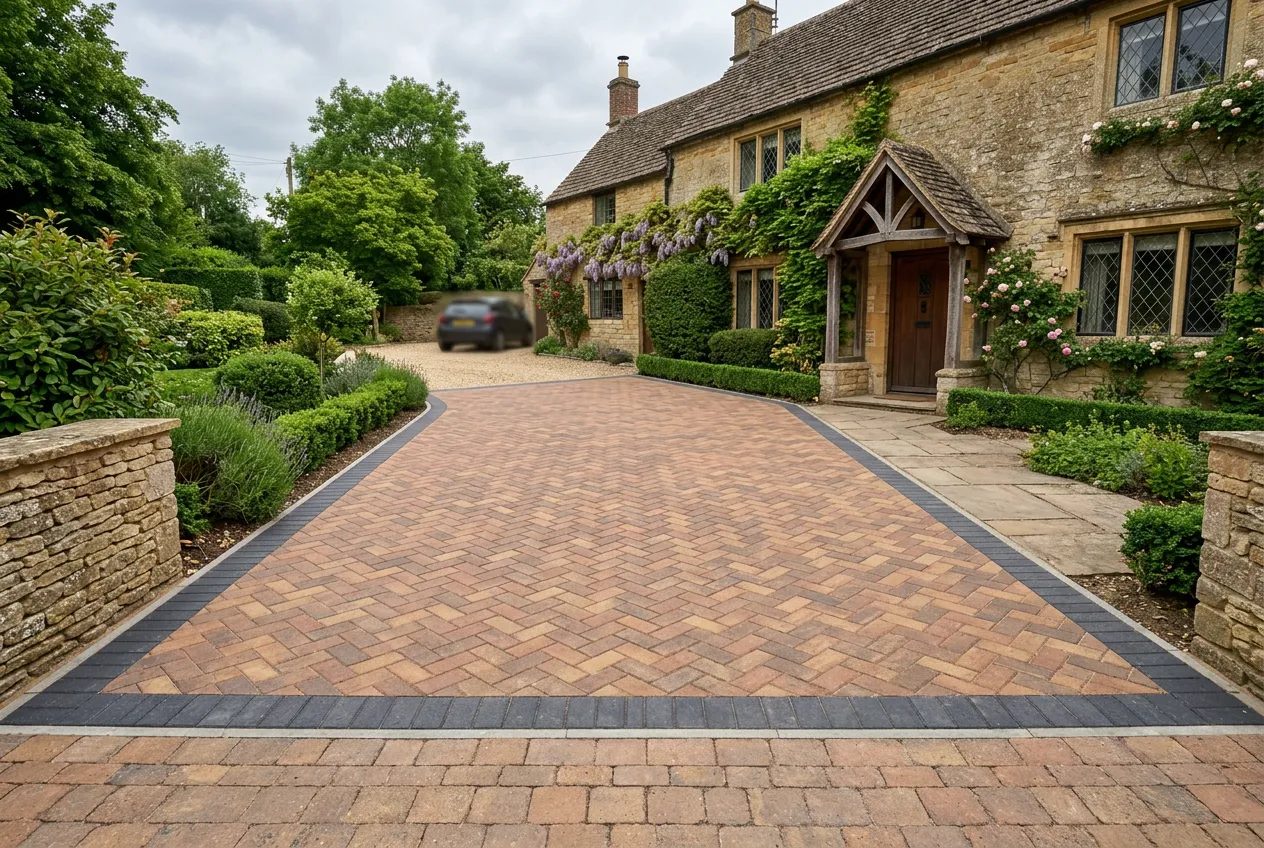 Brindle herringbone block paving driveway with charcoal border before a stone house