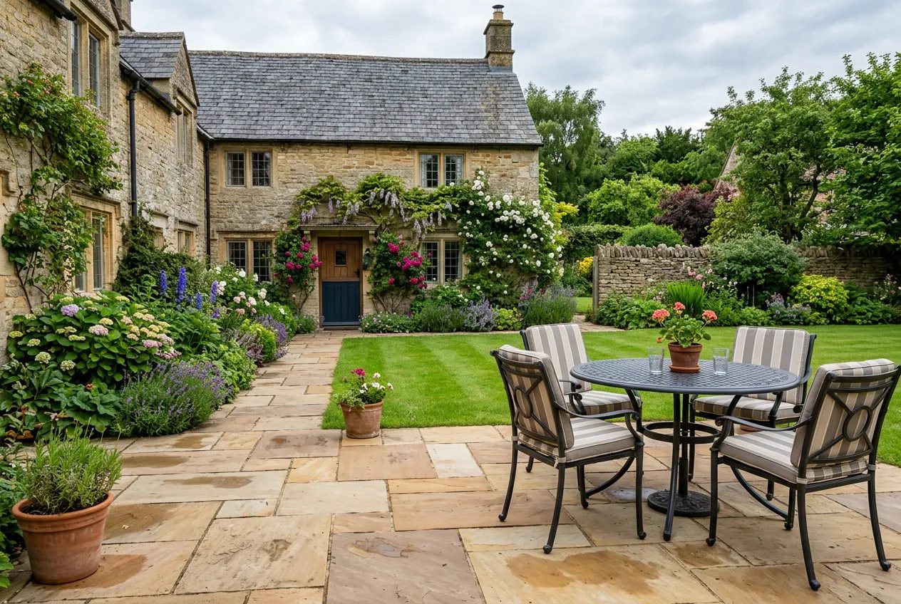 Natural sandstone patio behind a period stone house
